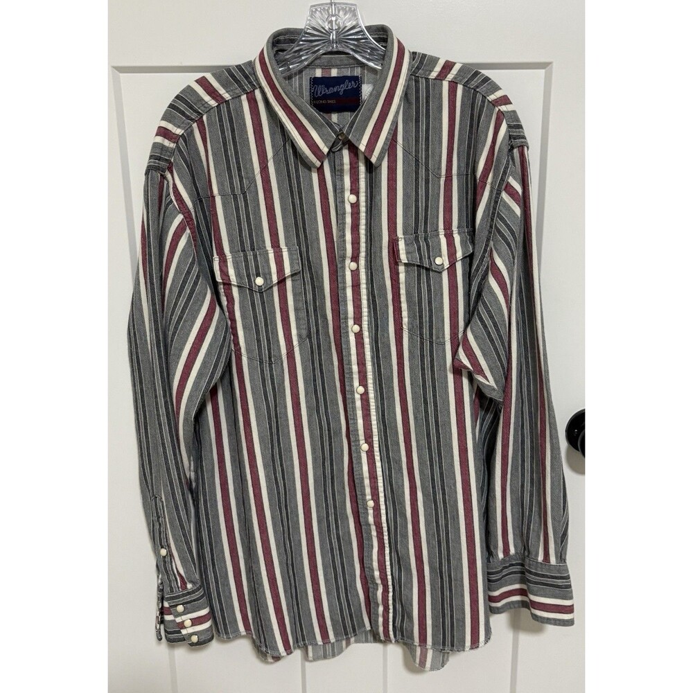 Wrangler VTG X-Long Tails Western Pearl Snap 18-36 Striped XXL USA 100% Cotton